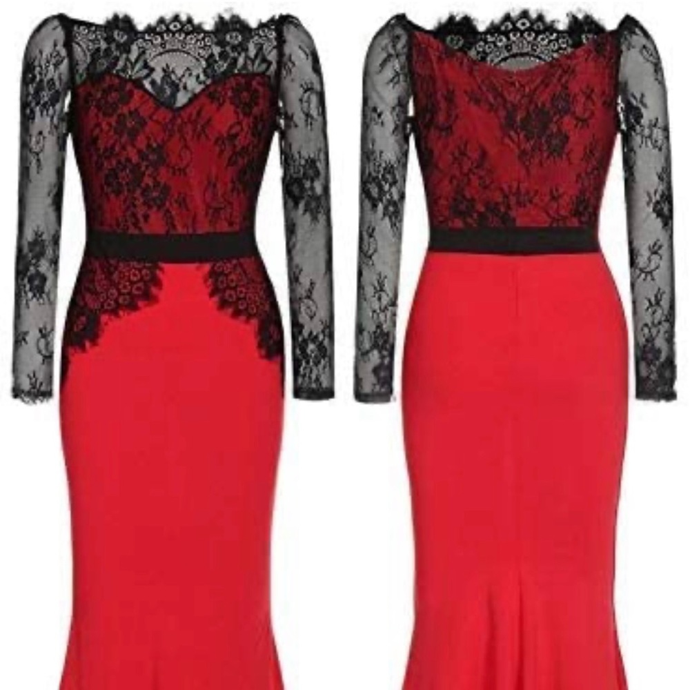 Fashion Mia Red and Black Lace Maxi Dress, Sz L